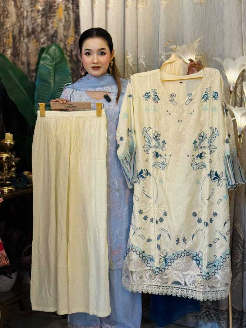 3-Piece,Cotton,Chikankari,&,Embroidered,Dress,Set,with,Chiffon,Georgette,Dupatta