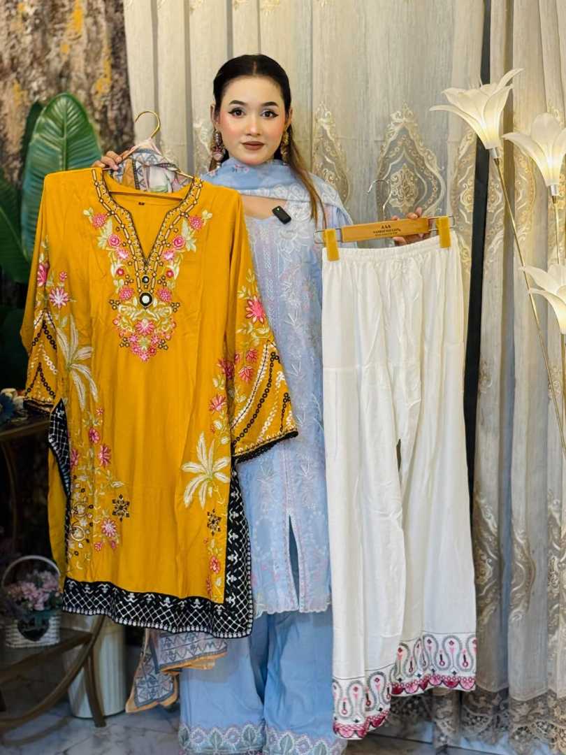 3-Piece,Cotton,Embroidered,Dress,Set,with,Chiffon,Georgette,Dupatta
