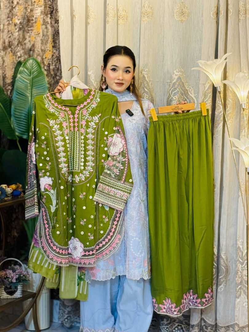 3-Piece,Cotton,Embroidered,Dress,Set,with,Chiffon,Georgette,Dupatta