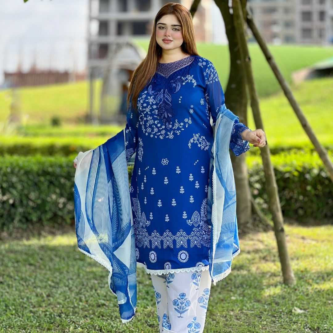 Elegant,Blue,&,White,Printed,3-Piece,Dress,for,Women
