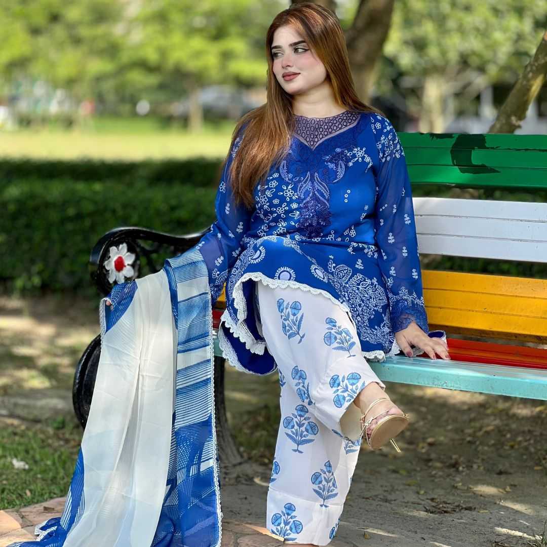 Elegant,Blue,&,White,Printed,3-Piece,Dress,for,Women