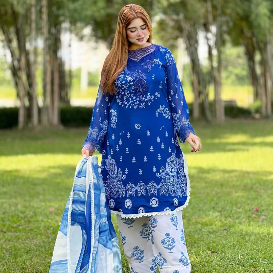 Elegant,Blue,&,White,Printed,3-Piece,Dress,for,Women