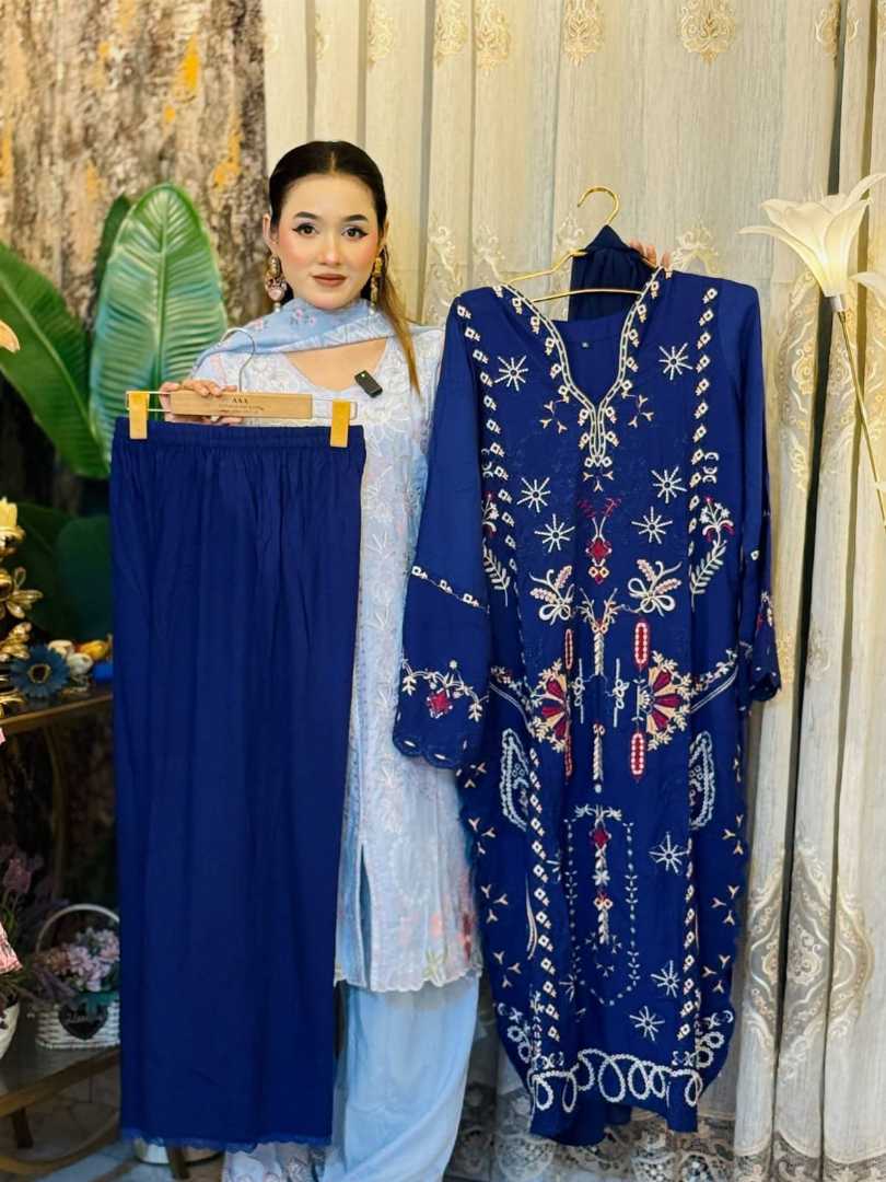 3-Piece,Cotton,Embroidered,Dress,Set,with,Chiffon,Georgette,Dupatta