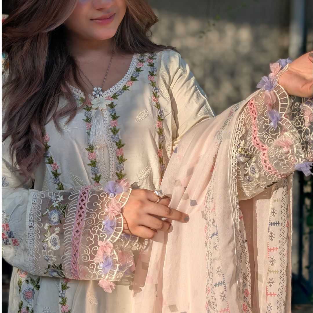 ,Premium,Cotton,Embroidery,3-Piece,Set,with,Chiffon,Georgette,Dupatta