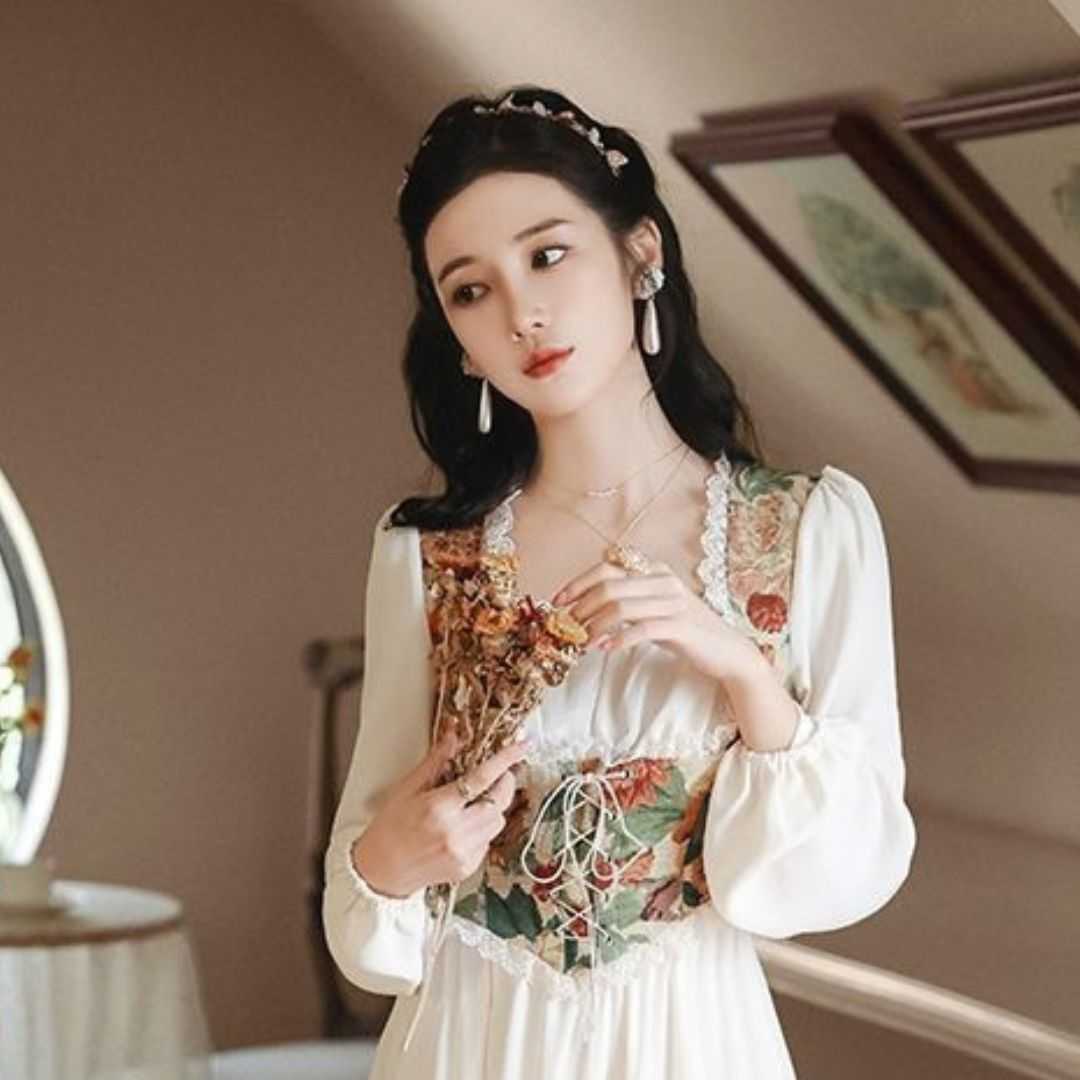 Vintage Dress, French Court Style Dress, Square Neck Dress, Oil Painting Dress, Spring Autumn Dress, Ruffle Neckline Dress, Princess Sleeve Dress, Waist Cinching Dress, Mid Length Dress