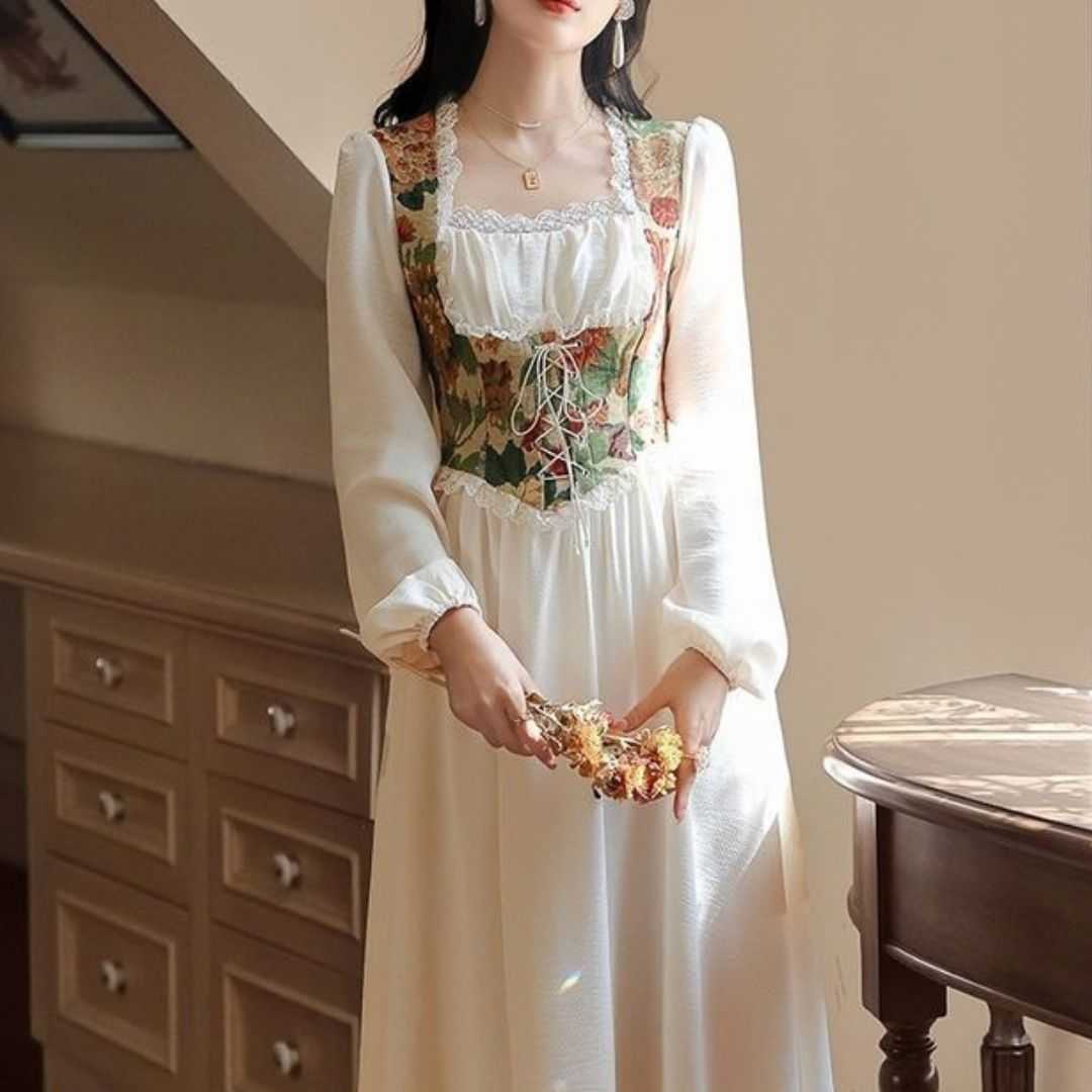 Vintage Dress, French Court Style Dress, Square Neck Dress, Oil Painting Dress, Spring Autumn Dress, Ruffle Neckline Dress, Princess Sleeve Dress, Waist Cinching Dress, Mid Length Dress