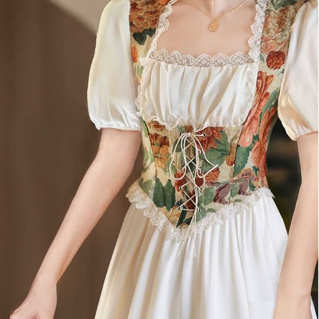 Vintage Dress, French Court Style Dress, Square Neck Dress, Oil Painting Dress, Spring Autumn Dress, Ruffle Neckline Dress, Princess Sleeve Dress, Waist Cinching Dress, Mid Length Dress