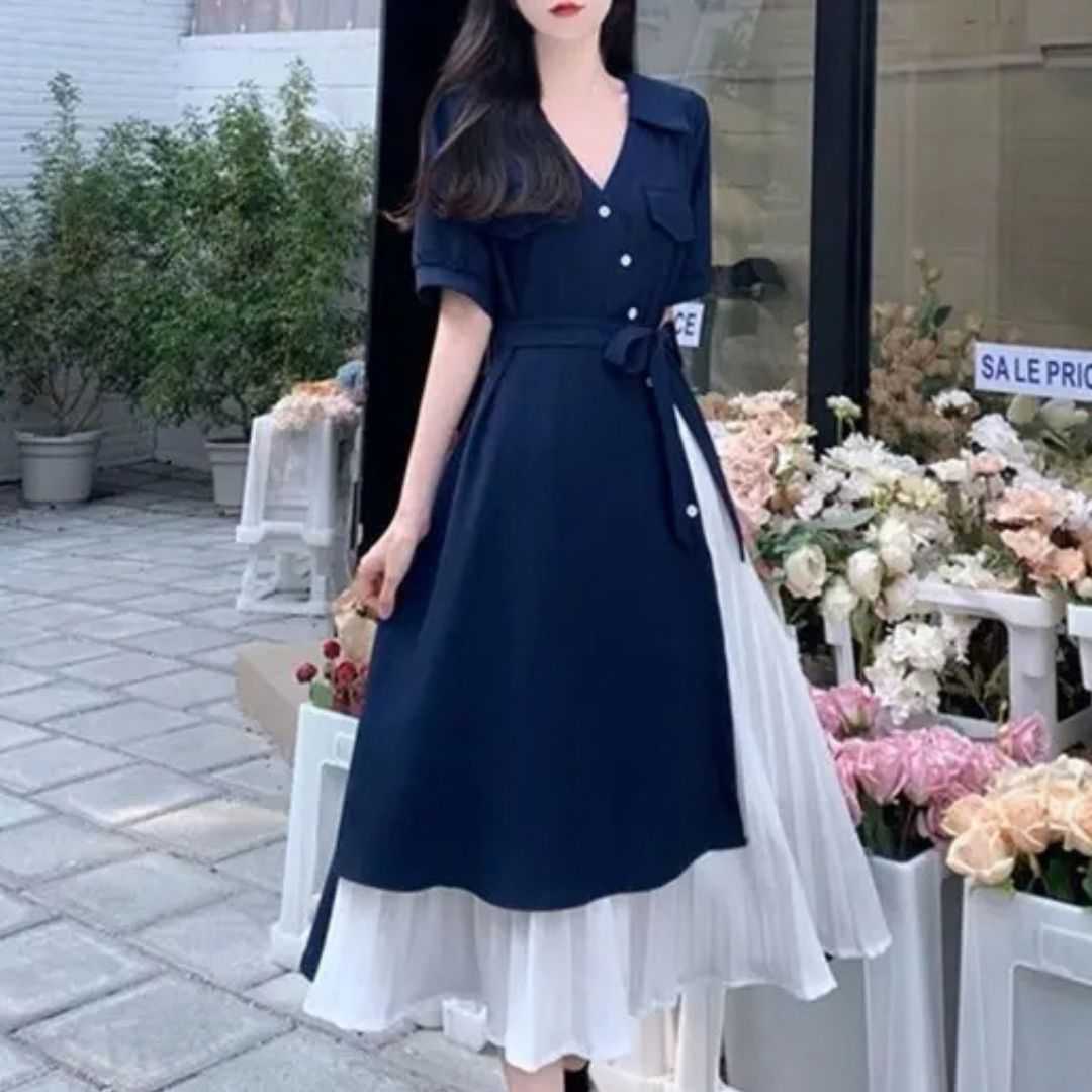 Milk Silk Dress, A-Line Dress, V-Neck Dress, Short Sleeve Dress, French Style Dress, Two Piece Look Dress, Elegant Dress, Casual Dress, Mid Length Dress, Soft Dress