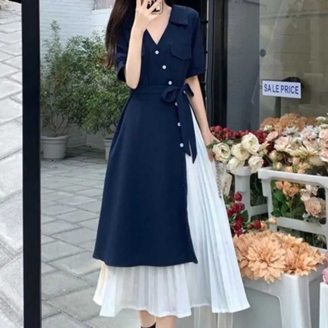 Milk Silk Dress, A-Line Dress, V-Neck Dress, Short Sleeve Dress, French Style Dress, Two Piece Look Dress, Elegant Dress, Casual Dress, Mid Length Dress, Soft Dress