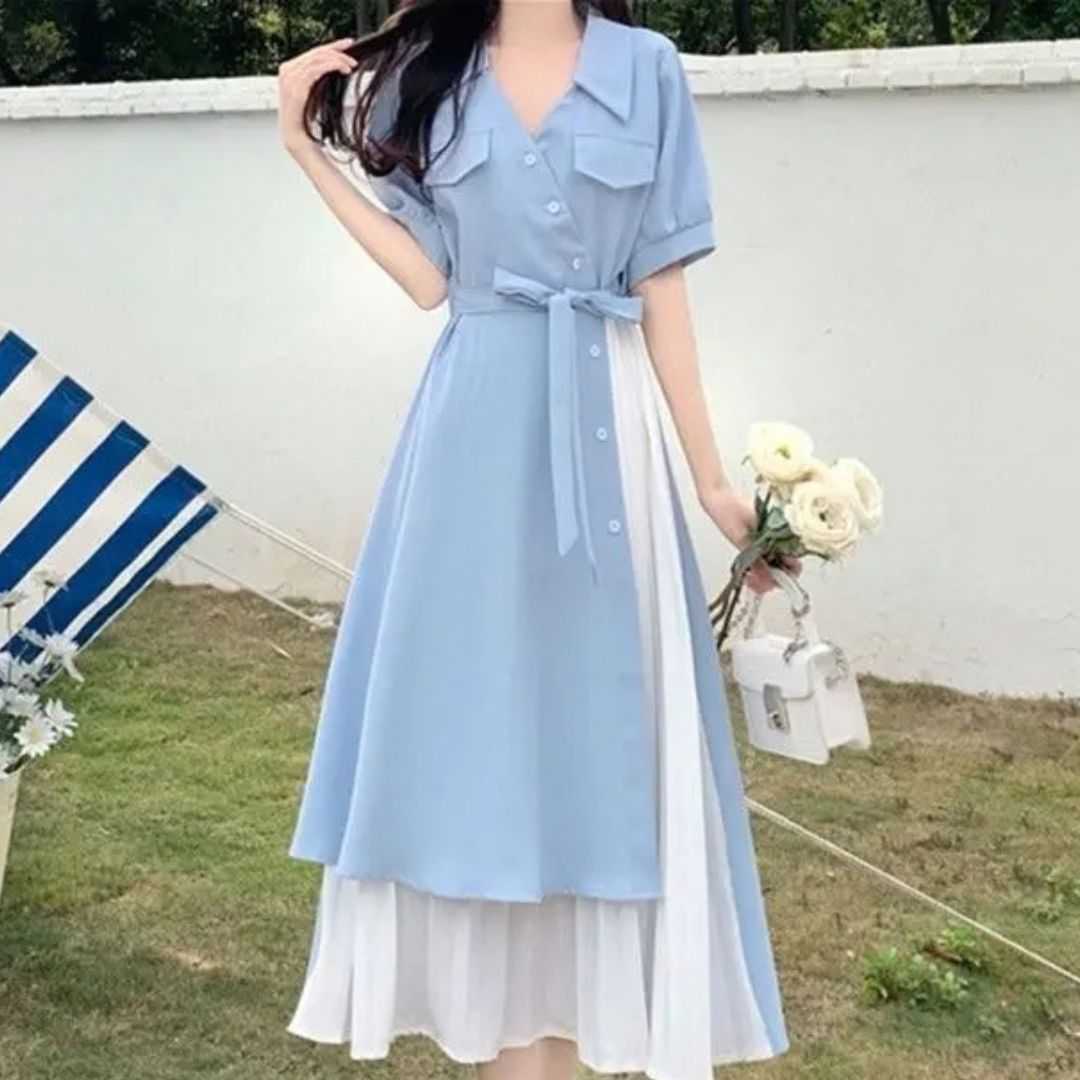 Milk Silk Dress, A-Line Dress, V-Neck Dress, Short Sleeve Dress, French Style Dress, Two Piece Look Dress, Elegant Dress, Casual Dress, Mid Length Dress, Soft Dress