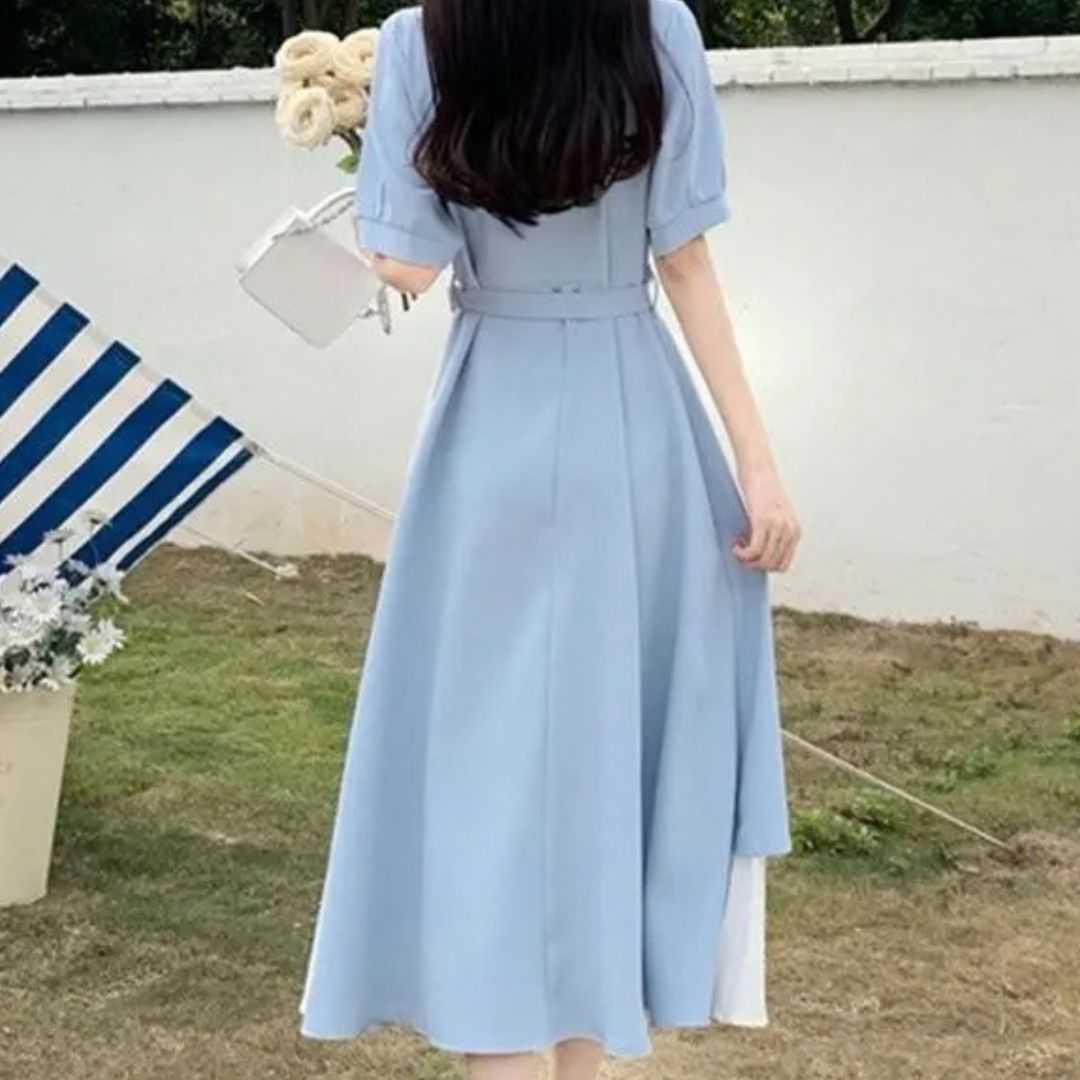 Milk Silk Dress, A-Line Dress, V-Neck Dress, Short Sleeve Dress, French Style Dress, Two Piece Look Dress, Elegant Dress, Casual Dress, Mid Length Dress, Soft Dress