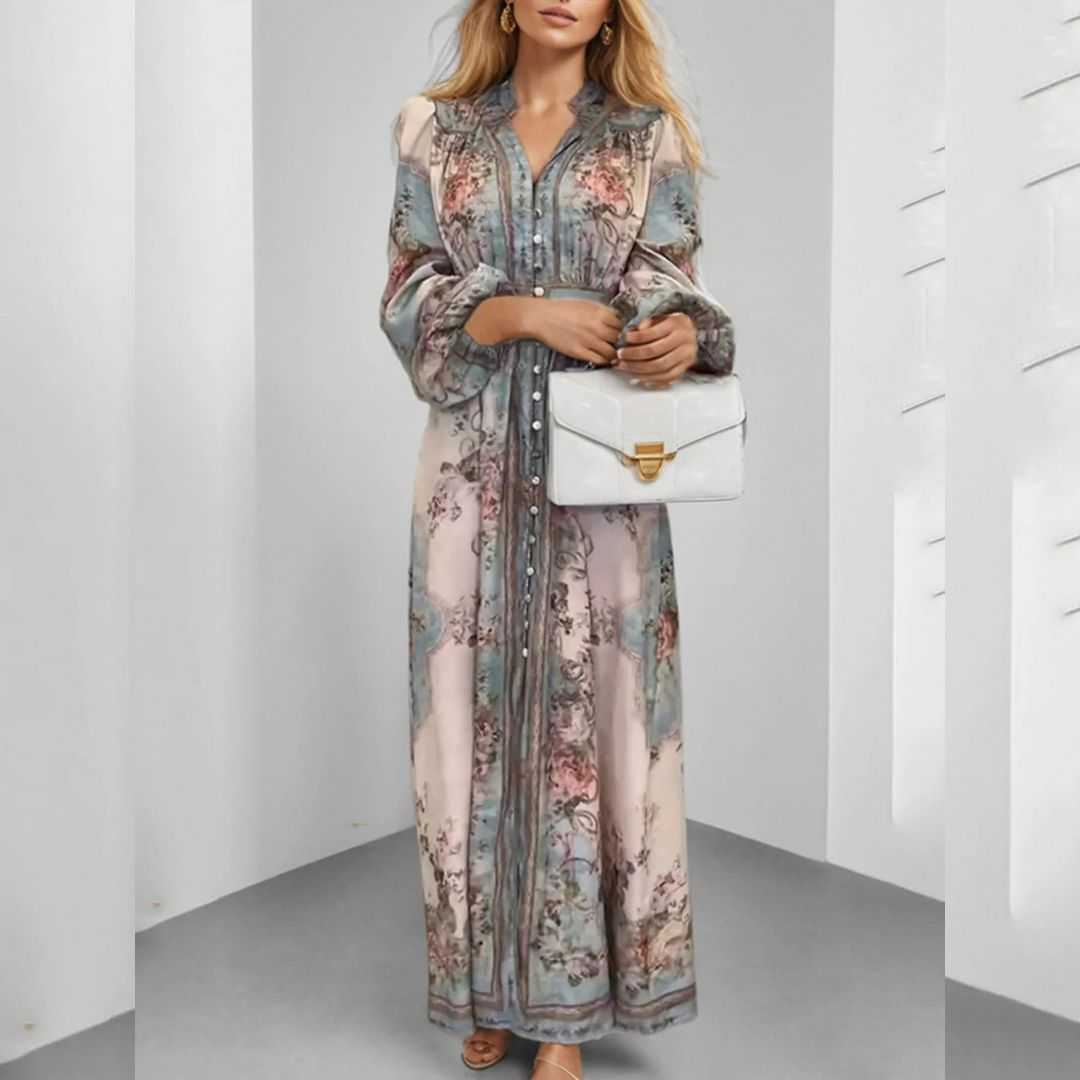 Printed Dress, A-Line Long Dress, V-Neck Dress, Long Sleeve Dress, High Waist Dress, Elegant Dress, Polyester Dress, Slim Fit Dress, Spring 2026 Dress, White Dress