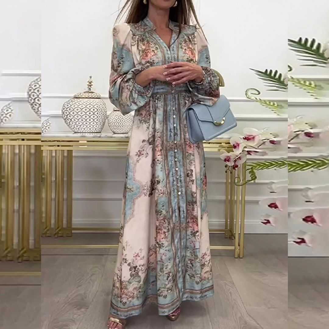 Printed Dress, A-Line Long Dress, V-Neck Dress, Long Sleeve Dress, High Waist Dress, Elegant Dress, Polyester Dress, Slim Fit Dress, Spring 2026 Dress, White Dress