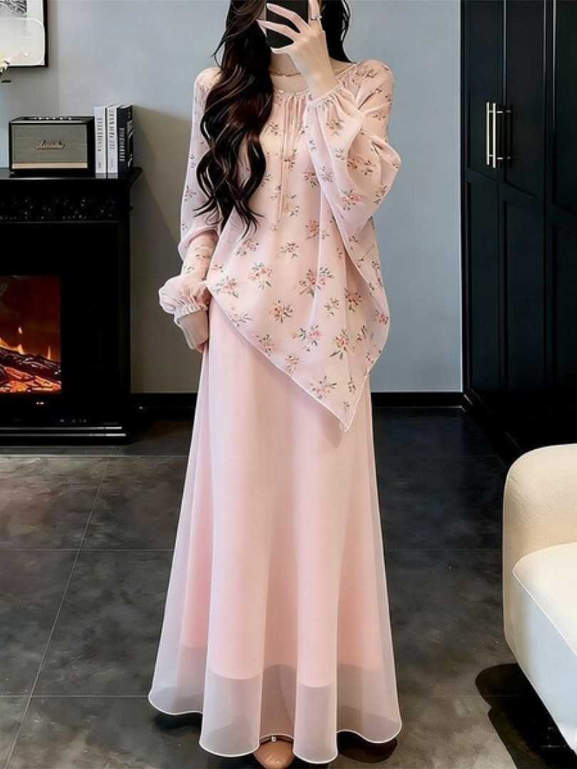 Korean Two Piece Set, Pink Floral Set, Floral Print Dress Set, Ramie Cotton Set, Long Sleeve Top Skirt, Gentle Style Set, Summer Two Piece, Lolita Style Set, Mid Length Skirt Set