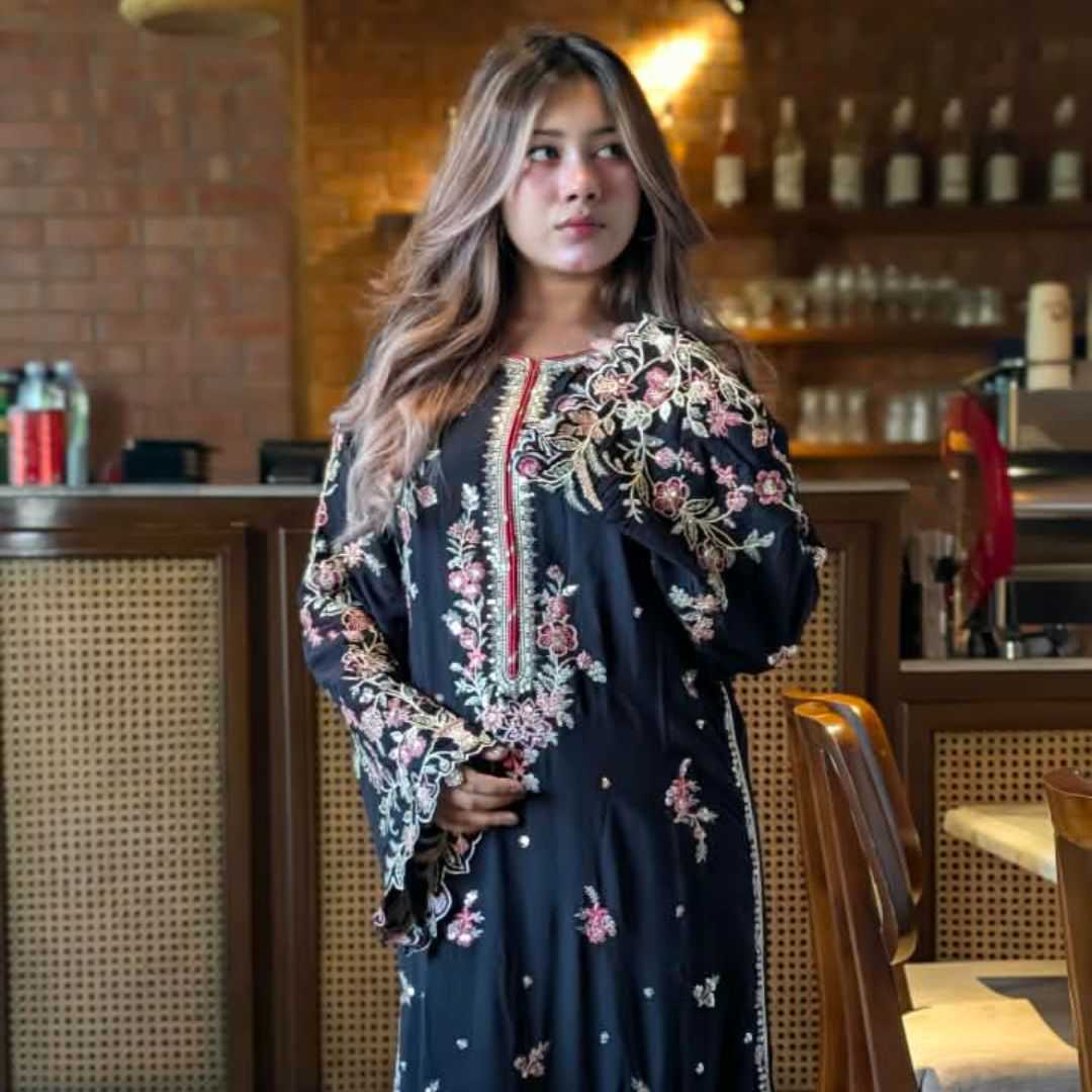 Black,Floral,Embroidered,Dress,for,Women