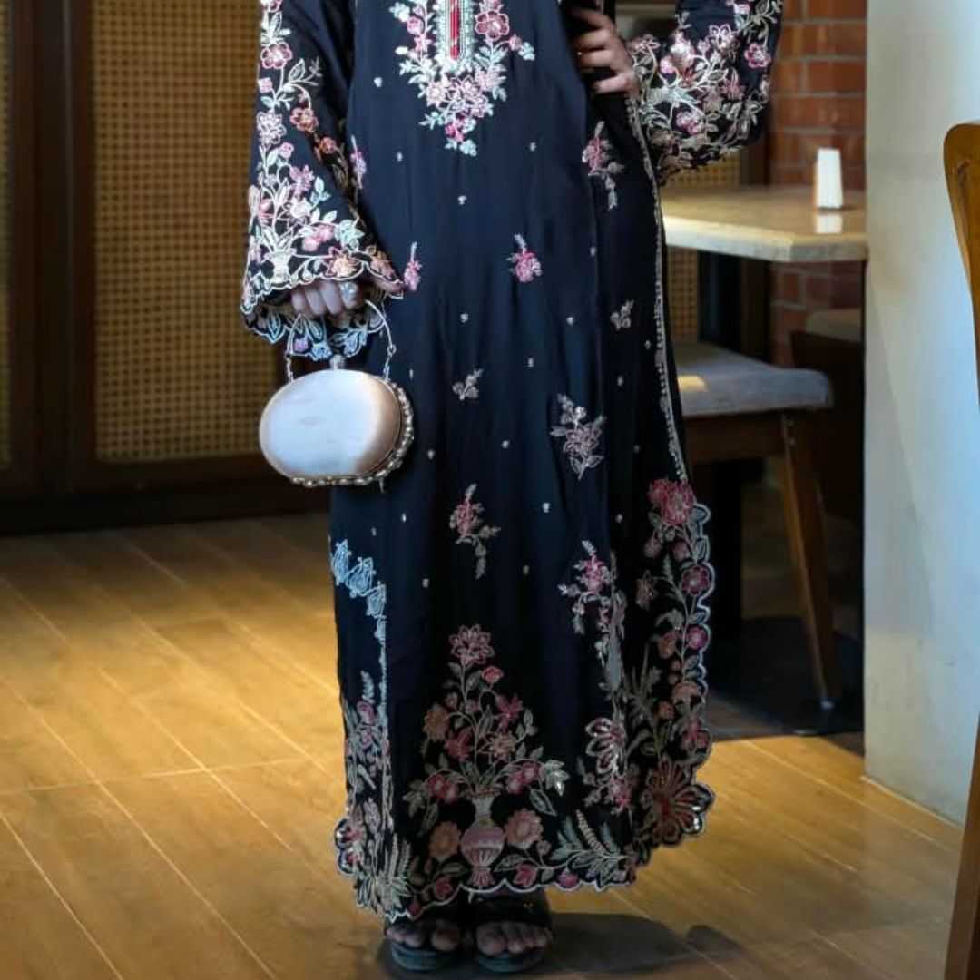 Black,Floral,Embroidered,Dress,for,Women