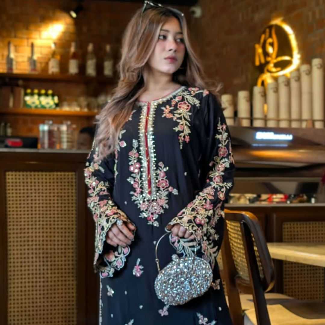 Black,Floral,Embroidered,Dress,for,Women