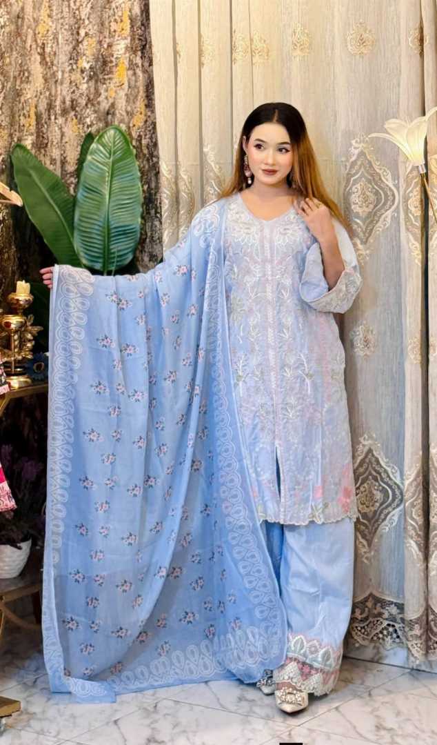 3-Piece,Cotton,Embroidered,Dress,Set,with,Chiffon,Georgette,Dupatta